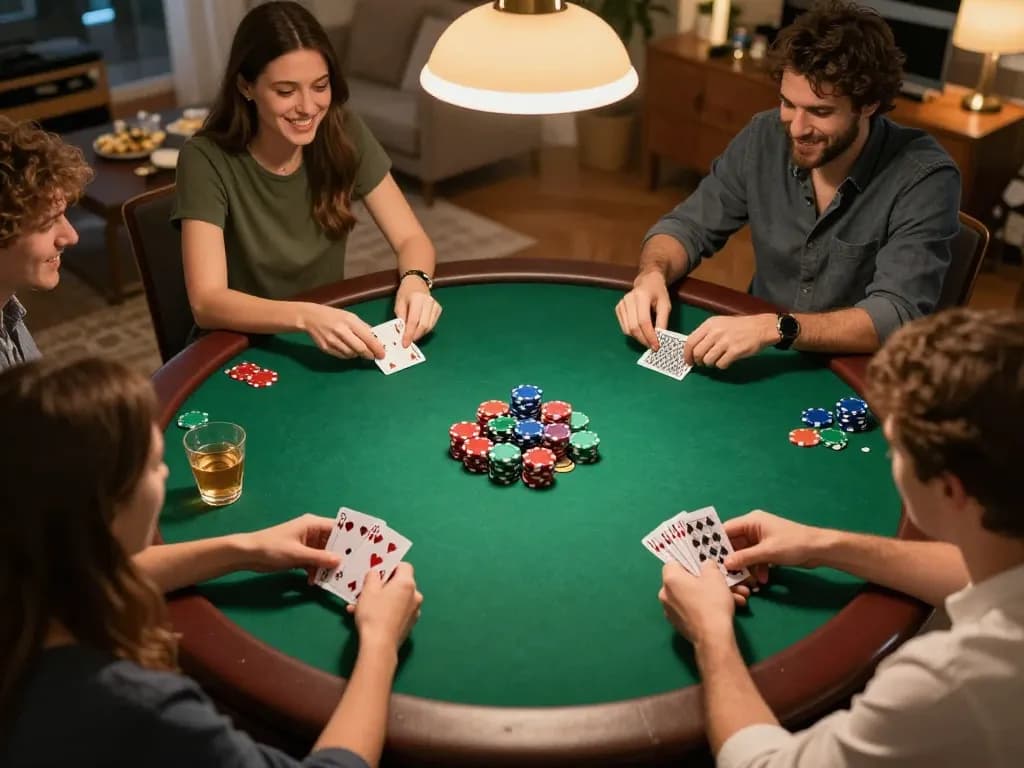 B52club players enjoying an engaging poker night with friends, showcasing strategic gameplay amidst a lively atmosphere.