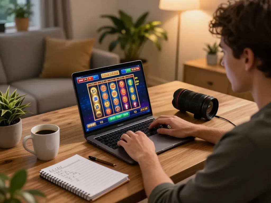 Player đăng ký for online casino gaming on laptop, engaging with vibrant slots interface in a cozy home setting.