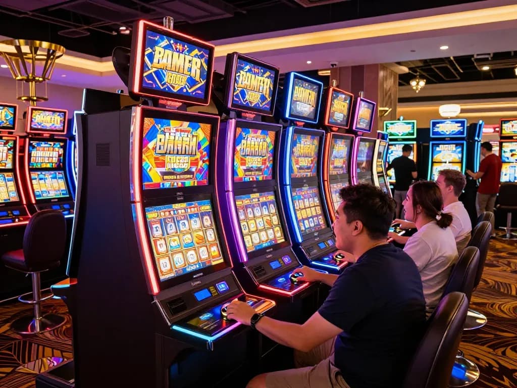Playing slot nekatwin machines at a colorful casino, capturing engaging gameplay and exciting wins