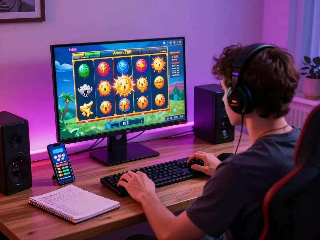 Seorang pemain menikmati permainan slot aman788 di komputer, menampilkan lingkungan permainan online yang menarik.