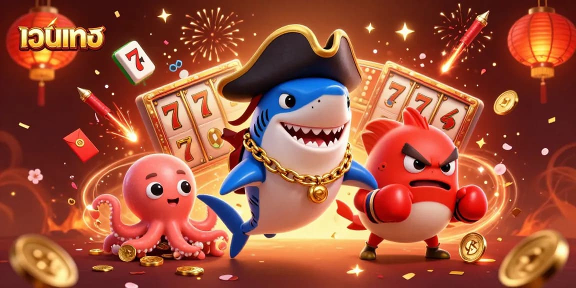 Engage with เว็บตรง, showcasing animated slot reels and playful aquatic characters celebrating in a vivid 3D casino scene.