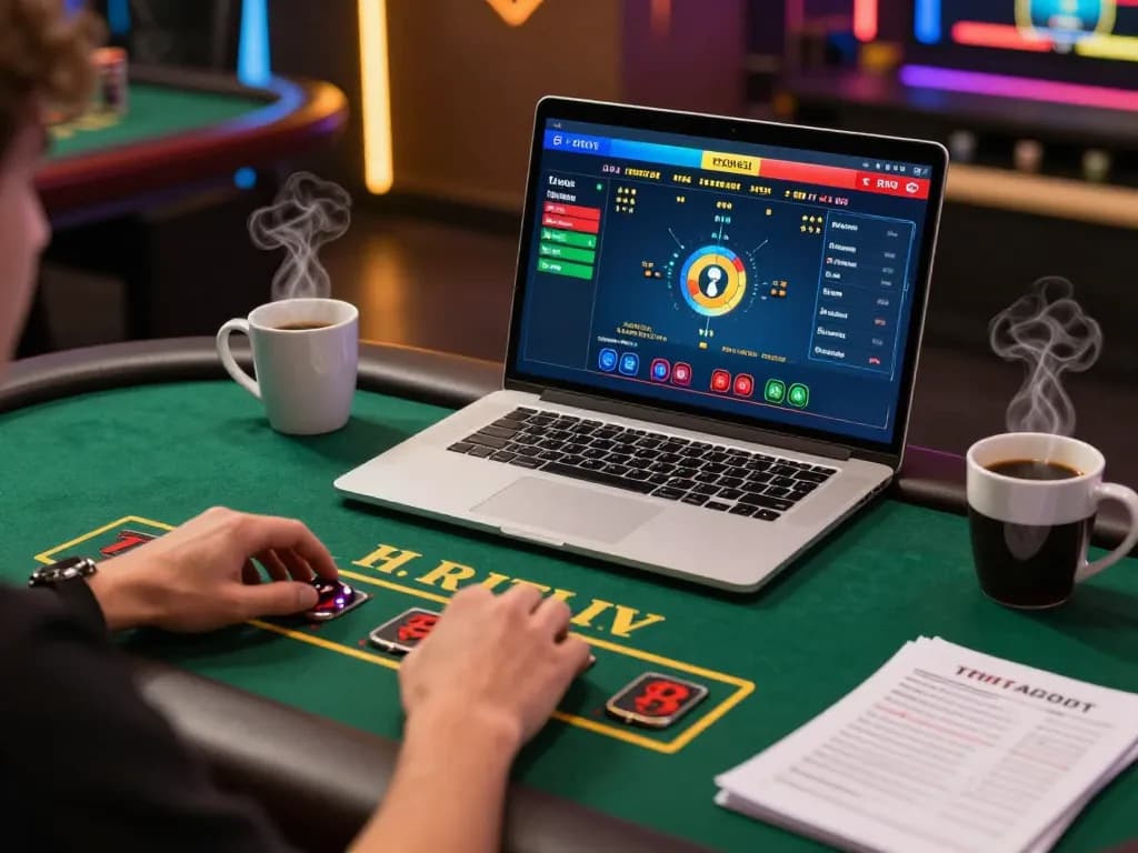 Player engaging in exciting online blackjack game at RR99 with strategic notes and coffee