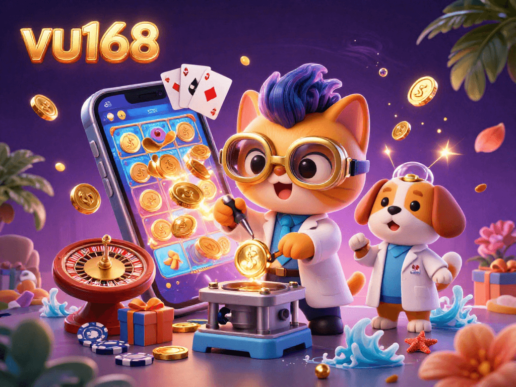 Experience the excitement of gameplay at vu168 with a vibrant scene of a mad scientist cat creating golden wealth.