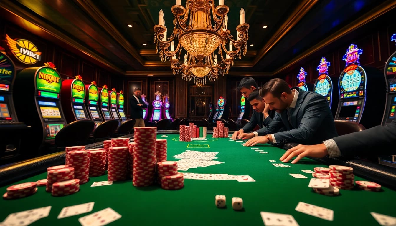 Experience the thrill of i9bet with vibrant poker action at a luxurious casino table.