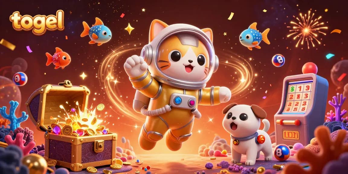 Experience the exciting world of togel as space astronaut cat and robot dog explore a vibrant casino galaxy.