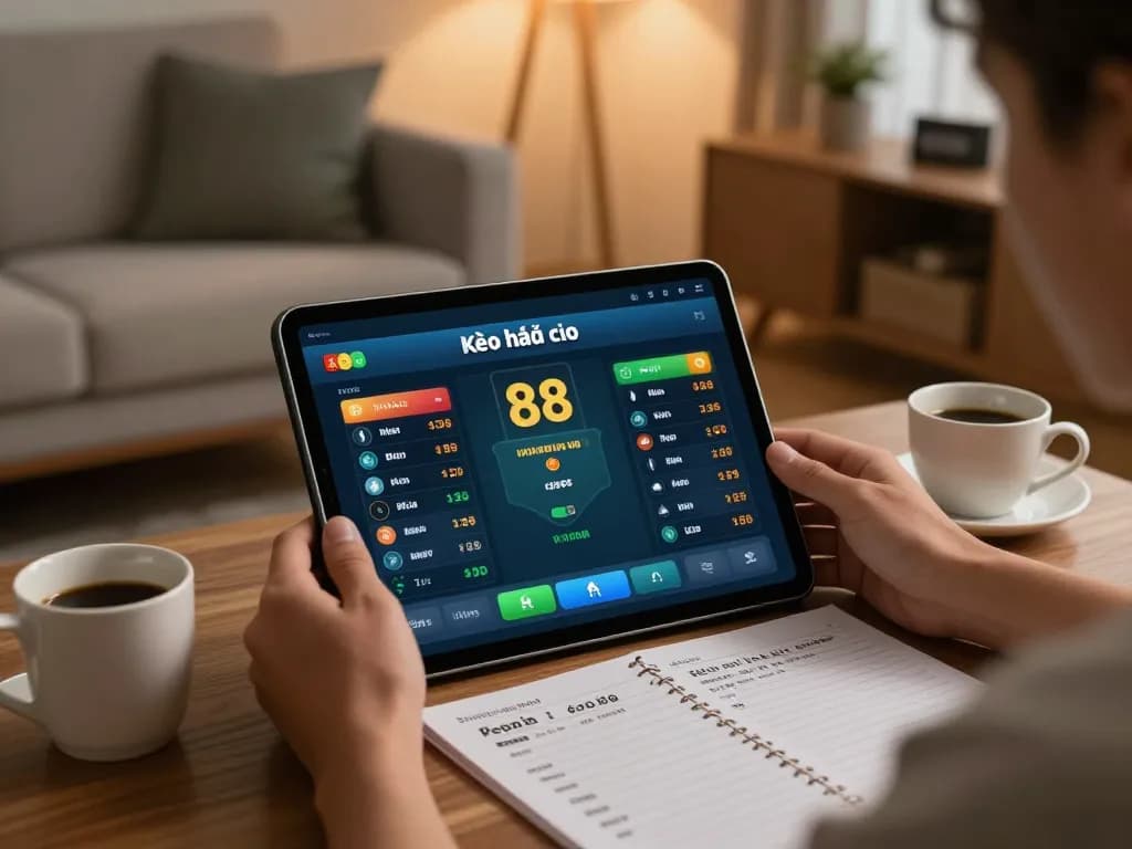 Kèo nhà cái 88 betting interface on a cozy tablet setup in a modern living room, showcasing responsible gaming