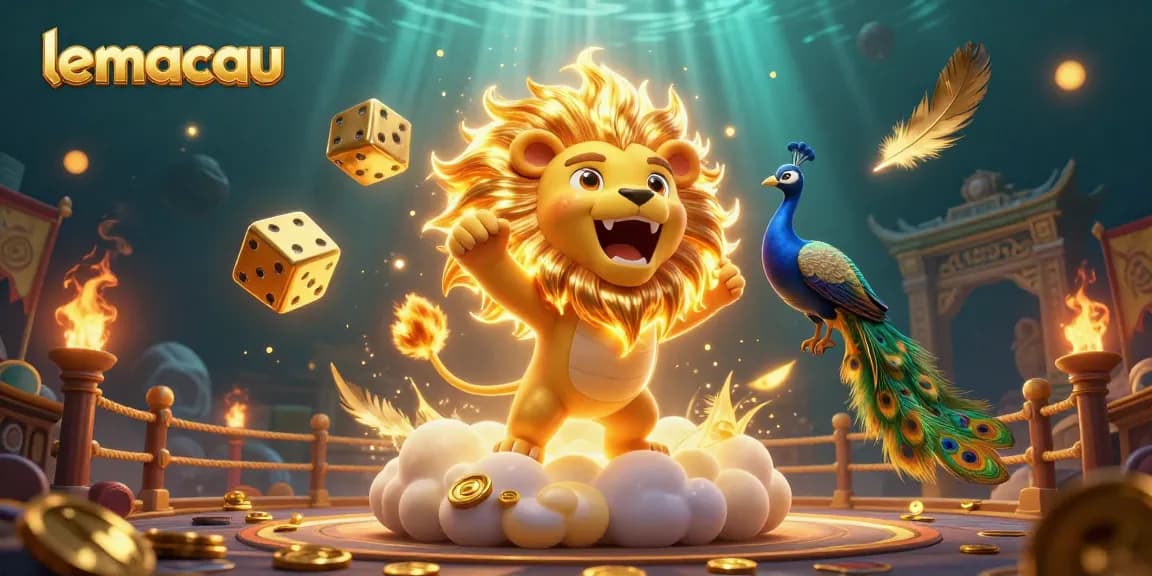 Experience thrilling gameplay with lemacau featuring a roaring lion and golden dice in a vibrant casino scene.