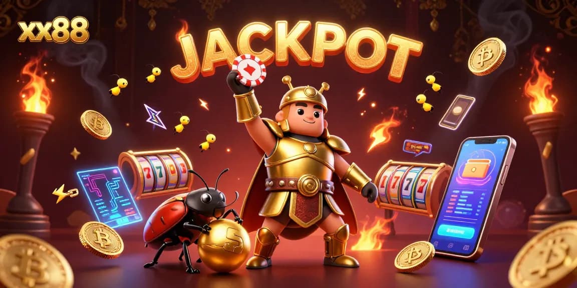 Experience the thrilling gameplay of xx88 with a jackpot celebration featuring bold characters and glowing coins.