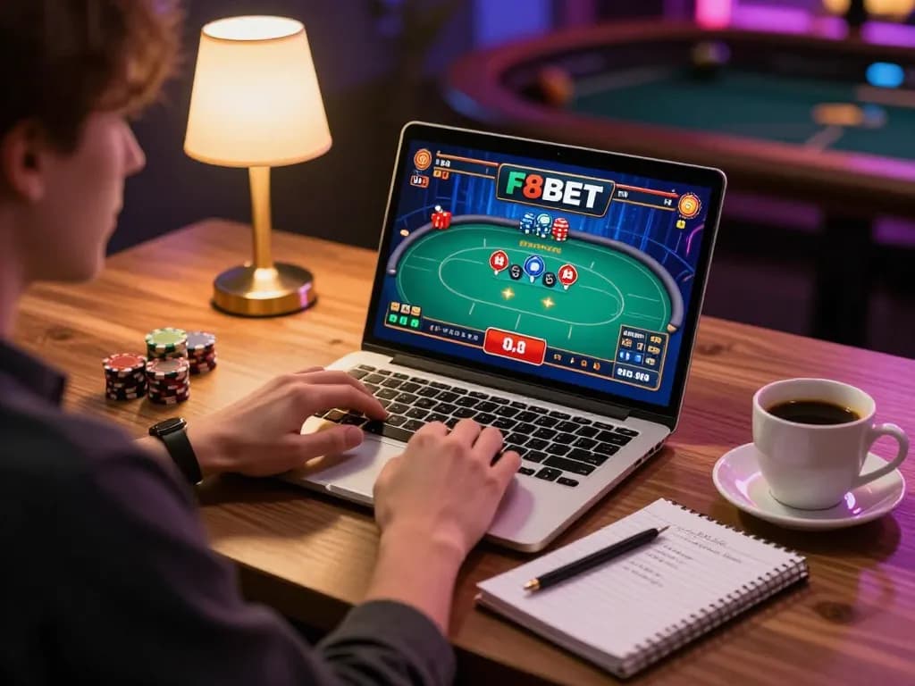 Engaged user playing F8BET poker game online at home, showcasing strategic notes and a cozy atmosphere.