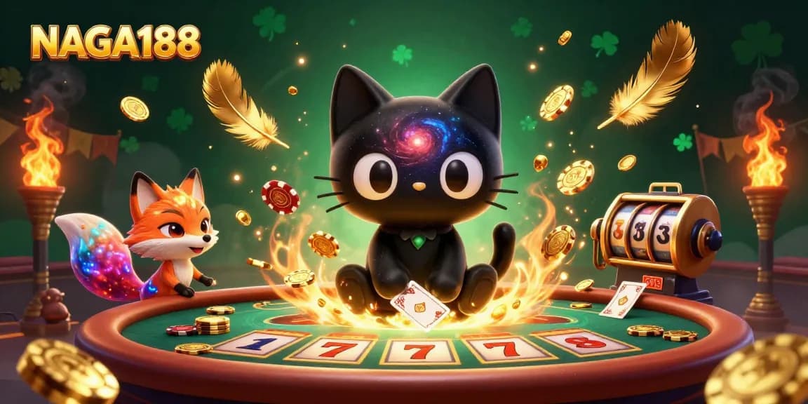 NAGA188 menangkan chips di meja kasino dengan kucing hitam berbintang dan nebula rubah.