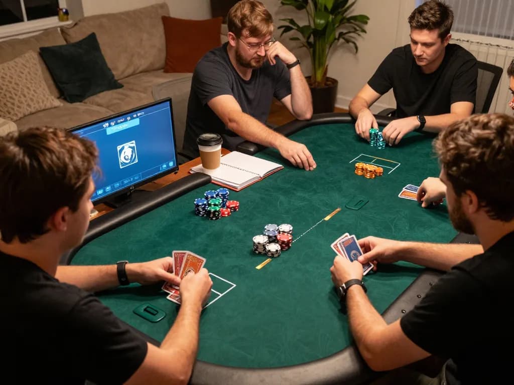 Immerse in Fokus777 online poker strategies with players deeply engaged in gameplay and chip management.