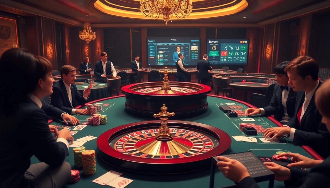 Experience vibrant casino action with sbobet link at a luxurious roulette table filled with poker chips.