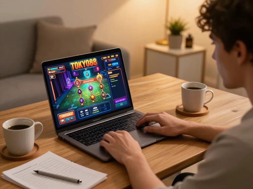 Sesi permainan slot TOKYO88 di laptop dengan visual yang cerah dan catatan strategi.