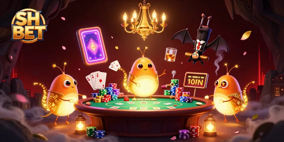 Experience SH BET in a vibrant casino setting with glowworms illuminating the game table and stacks of poker chips.