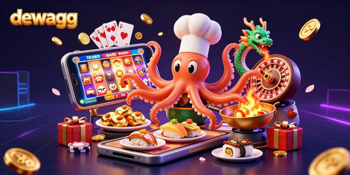 Dewagg invites players to indulge in golden jackpots at an online casino, illustrated with vibrant characters.