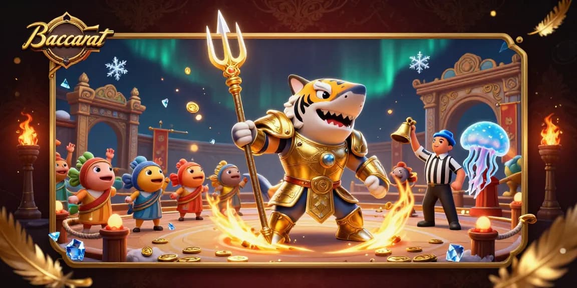 Baccarat scene featuring a ferocious tiger shark in armor, exciting underwater gambling atmosphere.