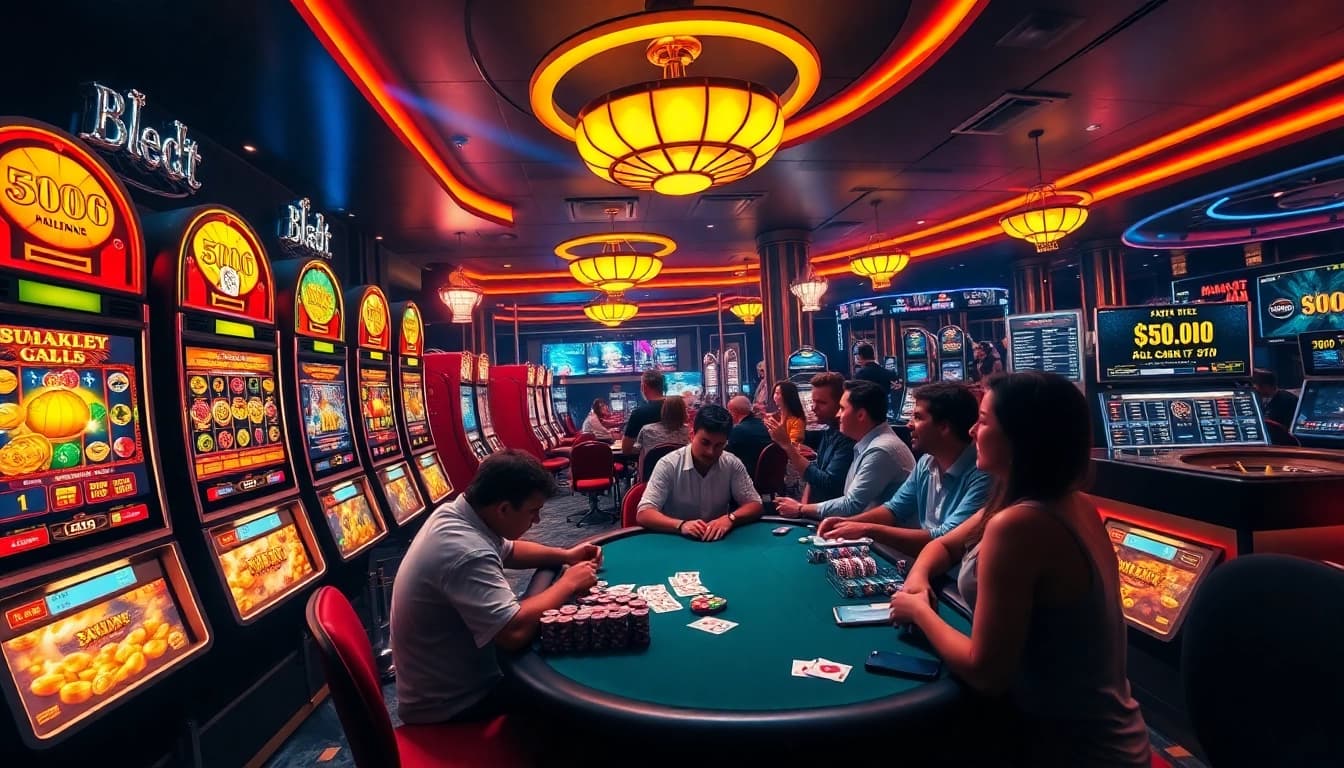 KTPJITU alternatif showcases thrilling wins at a vibrant casino with slot machines and poker tables.