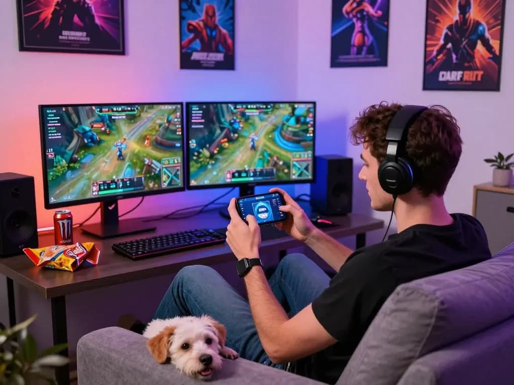 Exciting gaming moment with DEWI123 app in action on smartphone, showcasing fun setup with snacks and energetic atmosphere