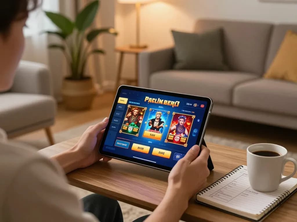Register for an online casino while enjoying a cozy home gaming setup, showcasing a dynamic tablet interface.