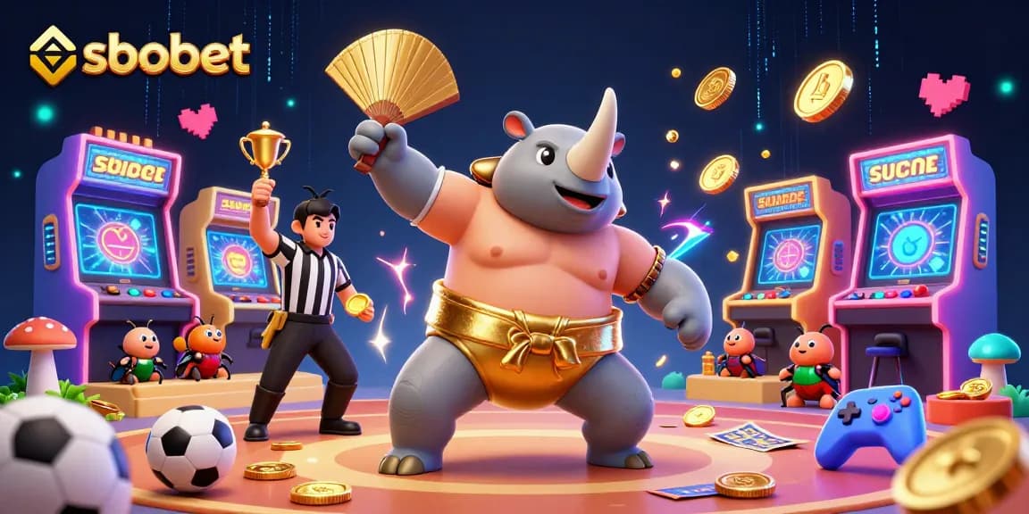 SBOBET sports betting illustration featuring a cartoon rhinoceros beetle champion amidst coins and trophies.