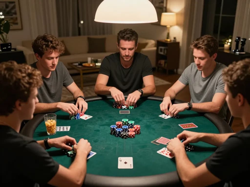 Peserta Dewi89 menikmati permainan poker di rumah yang menarik dengan chip, kartu, dan suasana yang meriah.