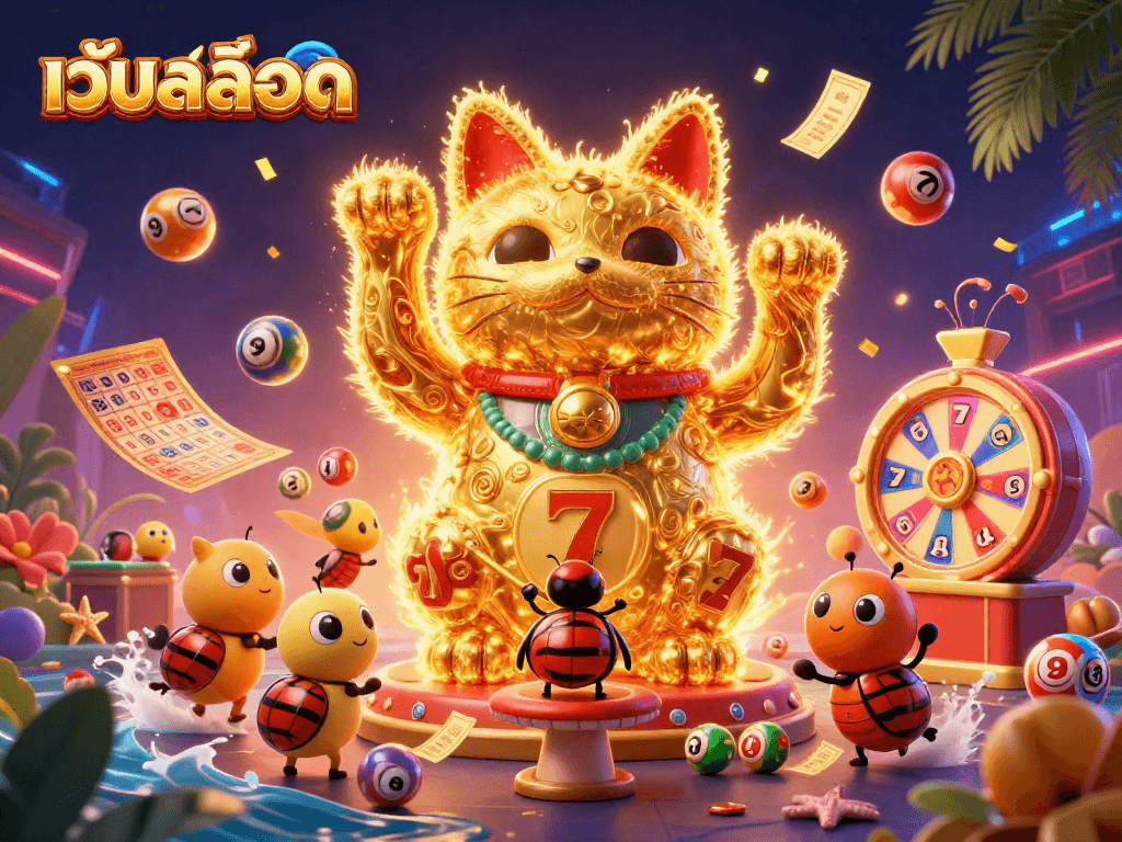 Engage in thrilling เว็บสล็อต action with a golden lucky cat, vibrant lottery elements, and dynamic scene.