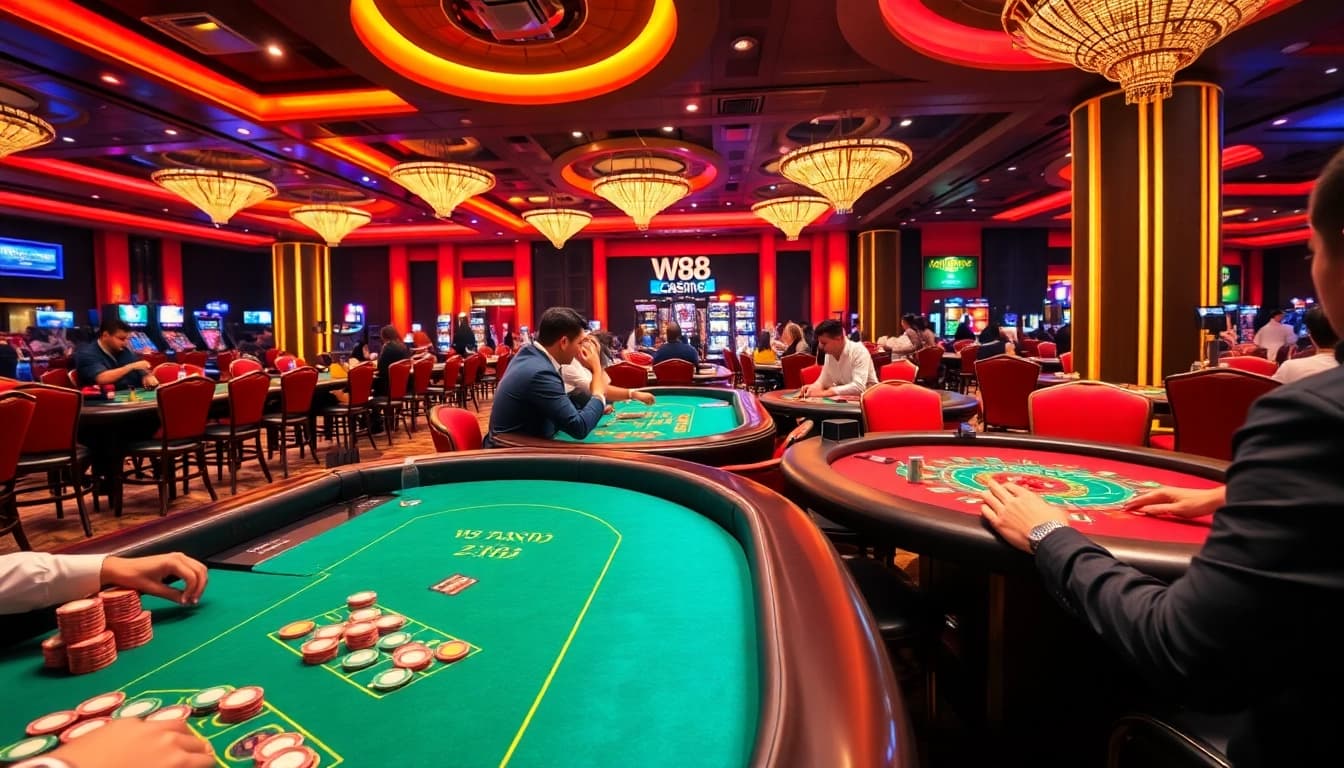 Experience the excitement of W88 Casino games with vibrant tables and dynamic players in action.