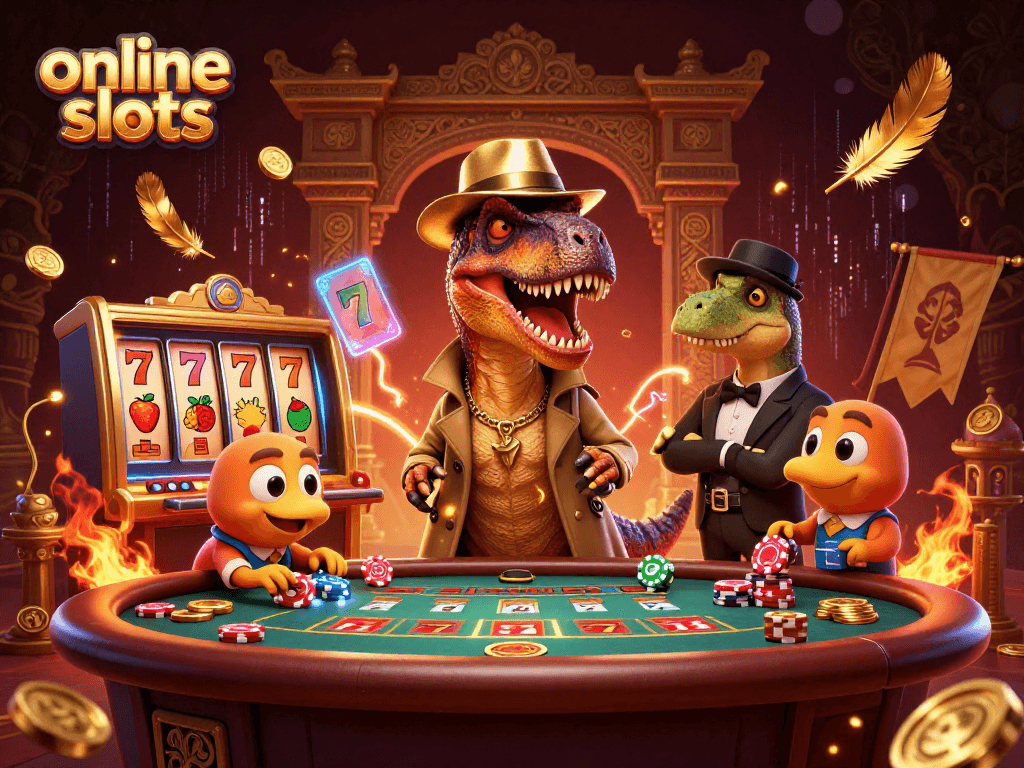 Experience thrilling online slots action with velociraptor card counter and stegosaurus pit boss in a vibrant casino scene.