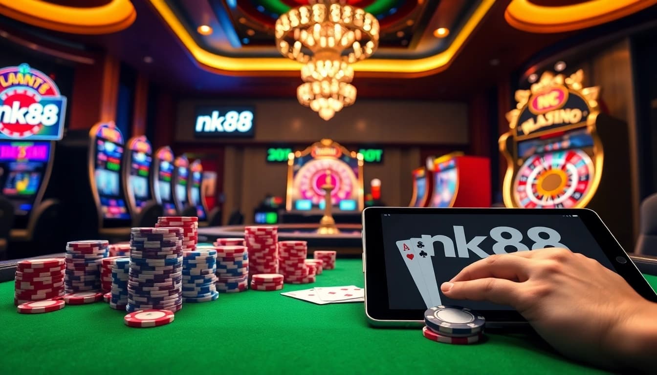 Professional gambler placing strategic bets at nk88 casino table with vibrant poker chips and cards
