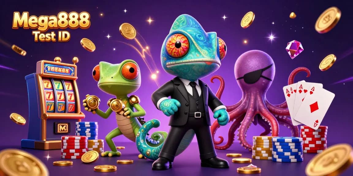 Experience the Mega888 Test ID with lucky reels and colorful casino elements in this rich 3D illustration.