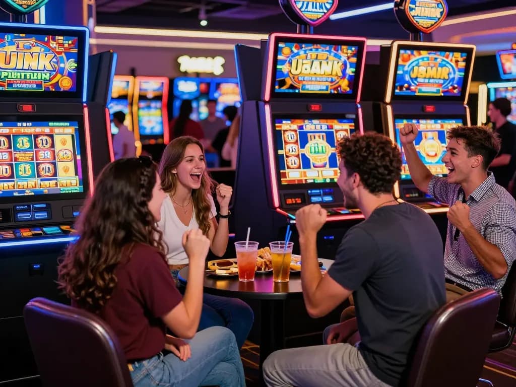 Teman-teman menikmati sensasi mesin slot link di lingkungan kasino yang meriah dengan lampu neon dan kegembiraan.