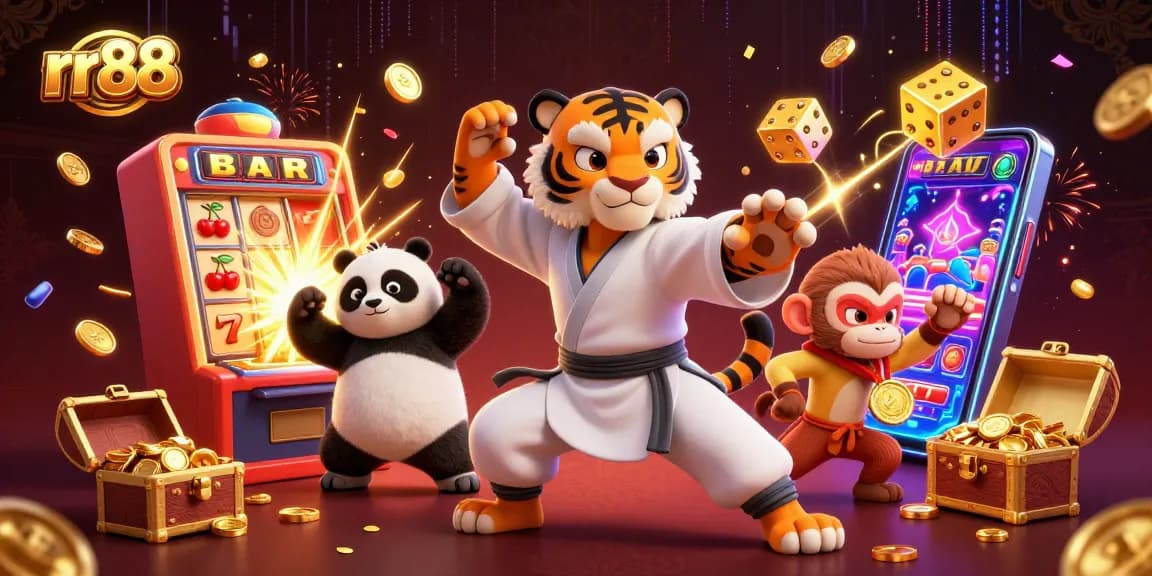 Win big with rr88: a kung fu tiger, panda, and monkey celebrate at a vibrant slot machine scene.