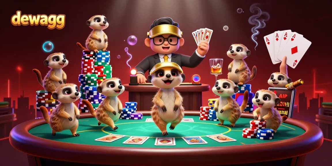 Engage in thrilling gameplay as dewagg meerkats deal cards amidst a vibrant casino scene.
