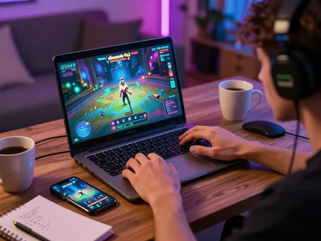Player engaging with dinamit4d online gaming setup, focused on laptop with vibrant LED ambiance.