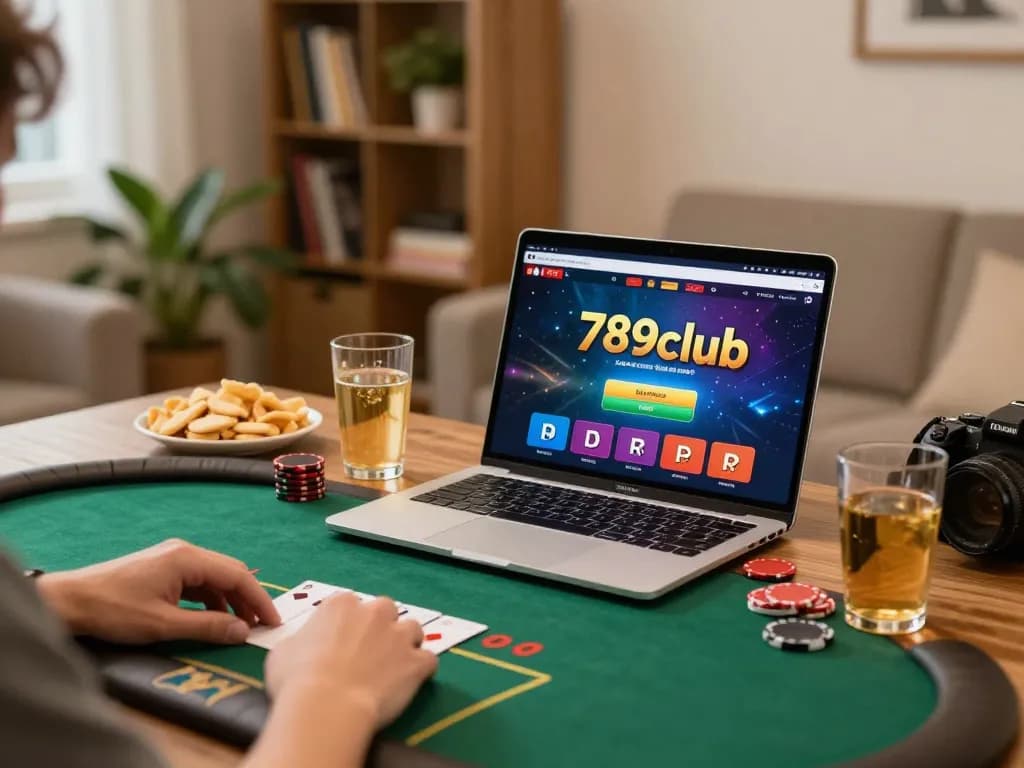 Player enjoying a thrilling poker game on 789club platform at home, with a cozy setup.
