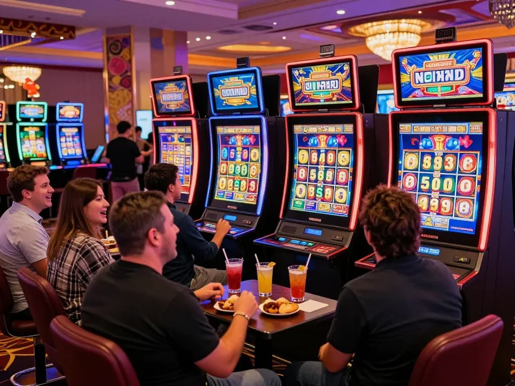 Players enjoying link slot games in a lively casino atmosphere with bright lights and engaging graphics.