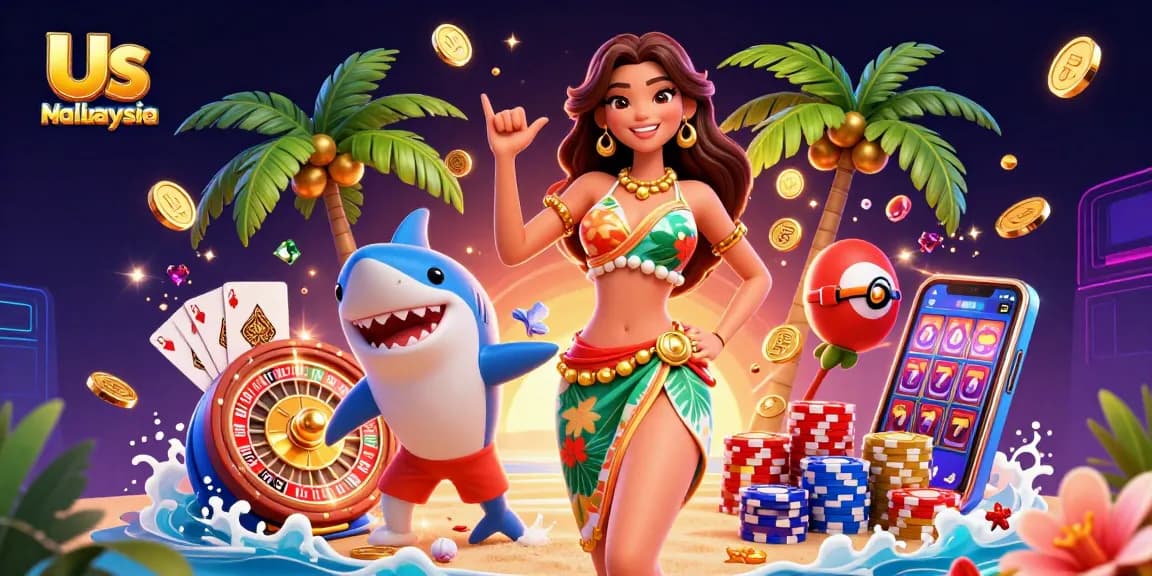 Win big at Us Casino Malaysia with vibrant 3D illustration showcasing slot games and casino excitement.
