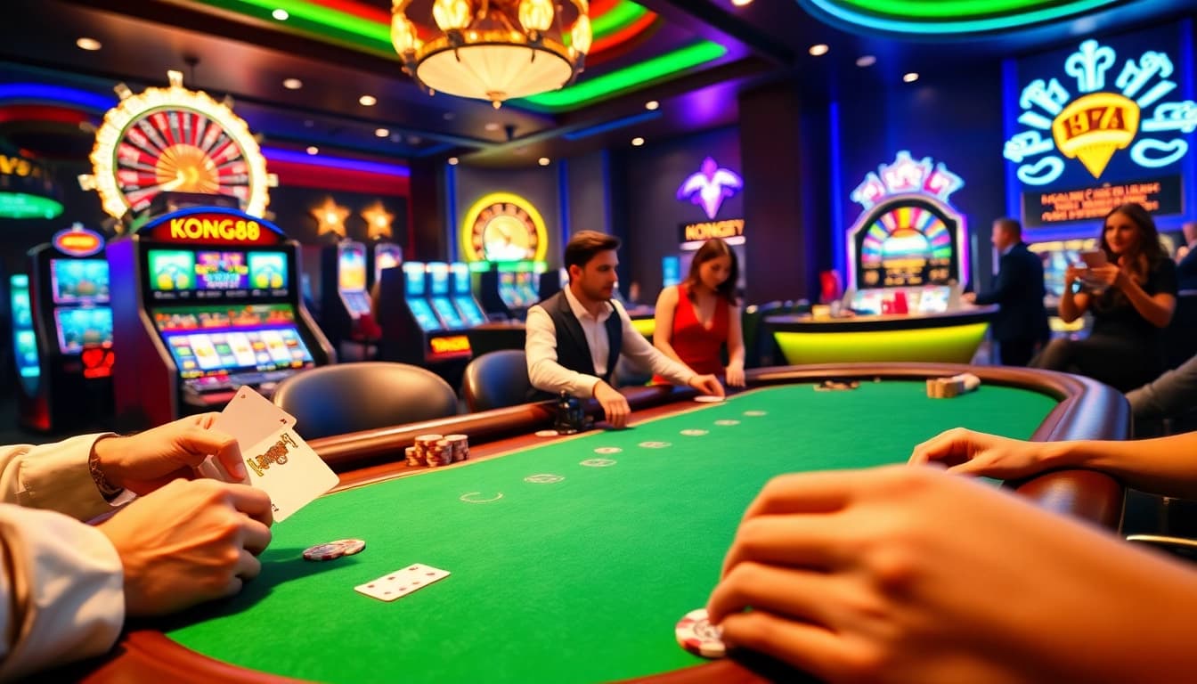 KONG88 players engaging in a thrilling poker game at a luxurious casino table with vibrant chips.