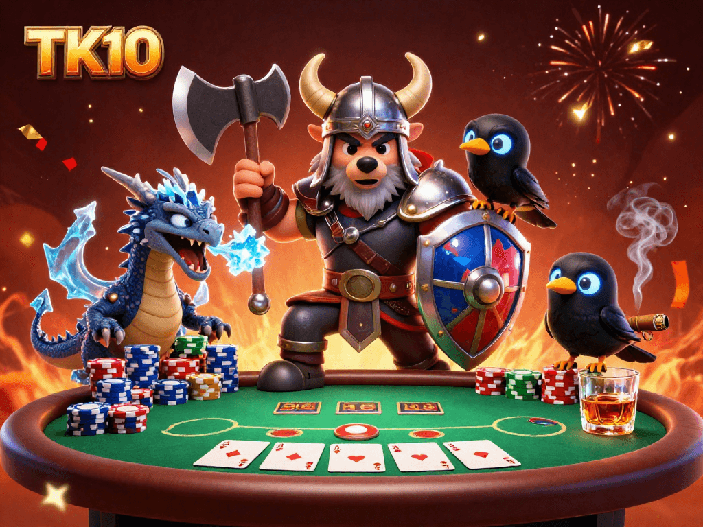 Experience epic gaming adventures with TK10's rich 3D illustration featuring a Viking warrior and mystical creatures.