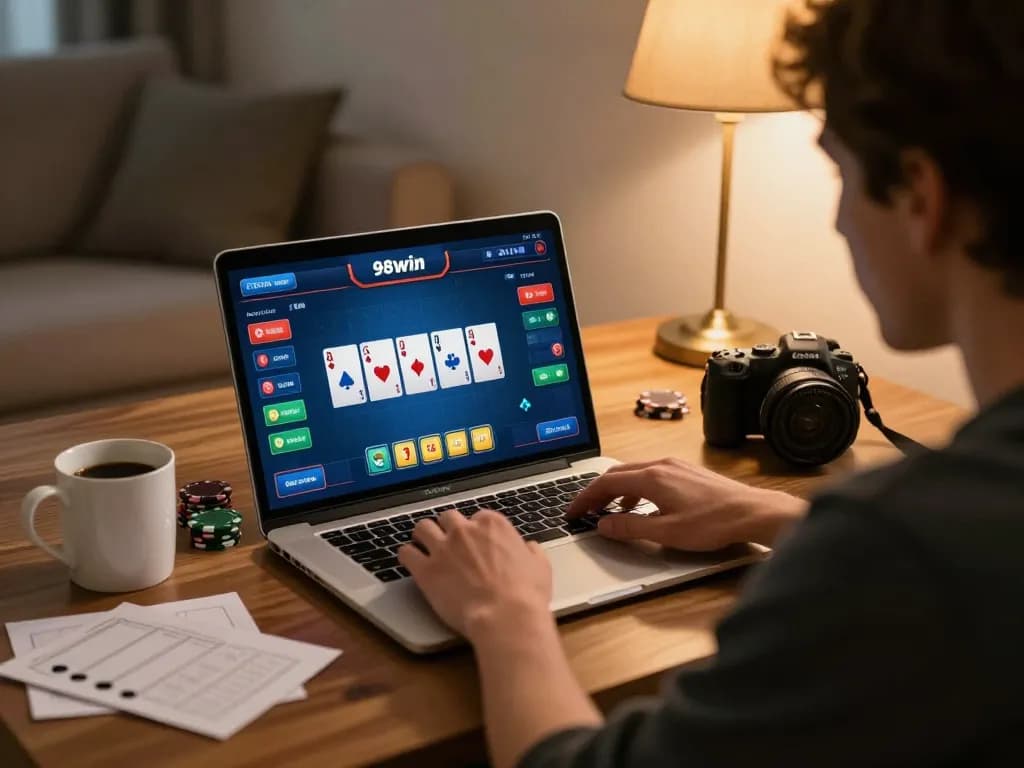 Engaging in the game 98win online, showing player focused on poker strategy at home.