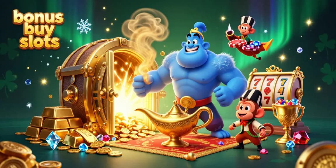 Experience bonus buy slots with a vivid 3D scene of a genie, monkey, and treasures