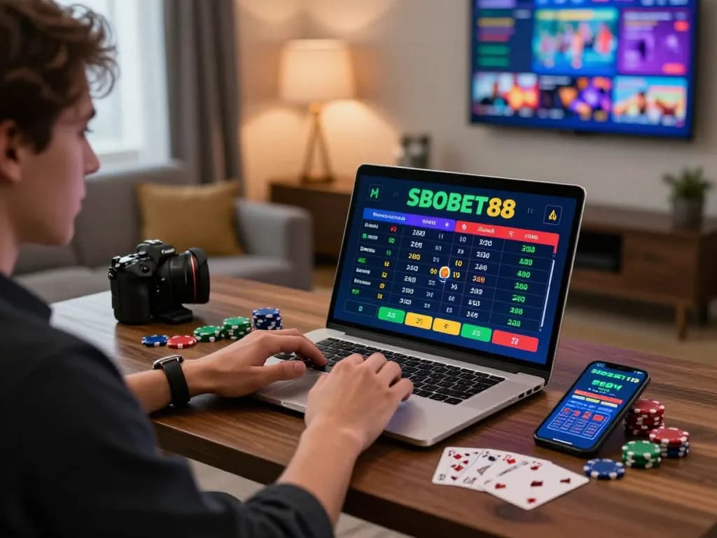 Engaged SBOBET88 user betting online with laptop and smartphone in a cozy workspace