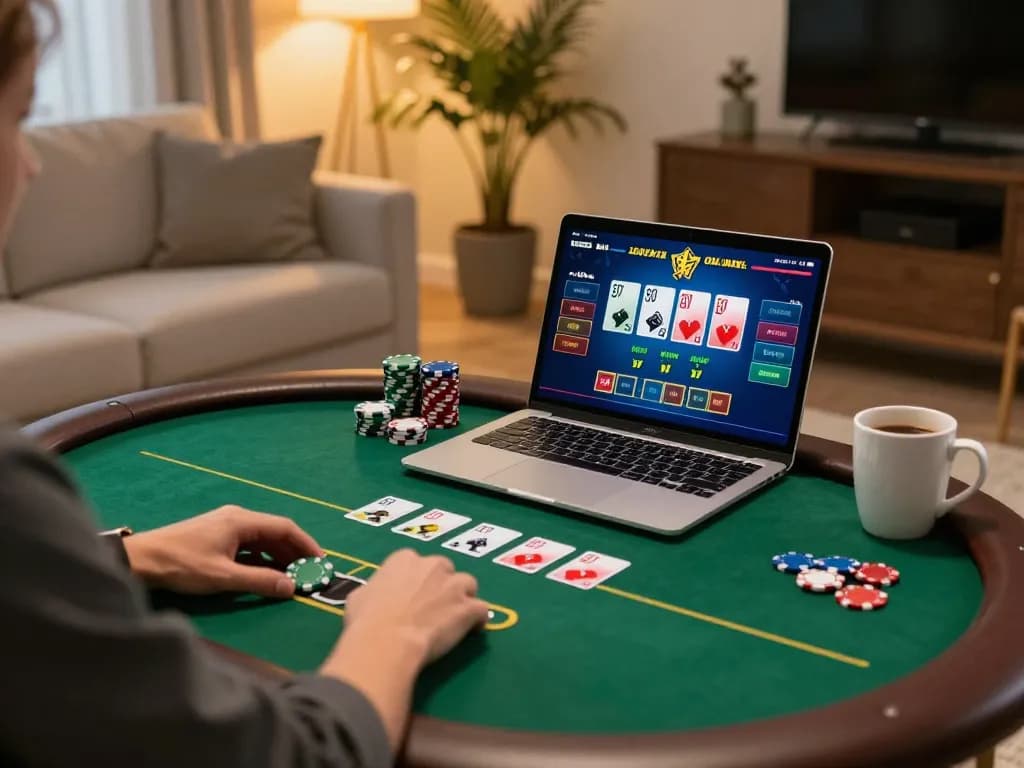 Engaging online poker game at home with a laptop, chips visible, in cozy setting for 100vip co.
