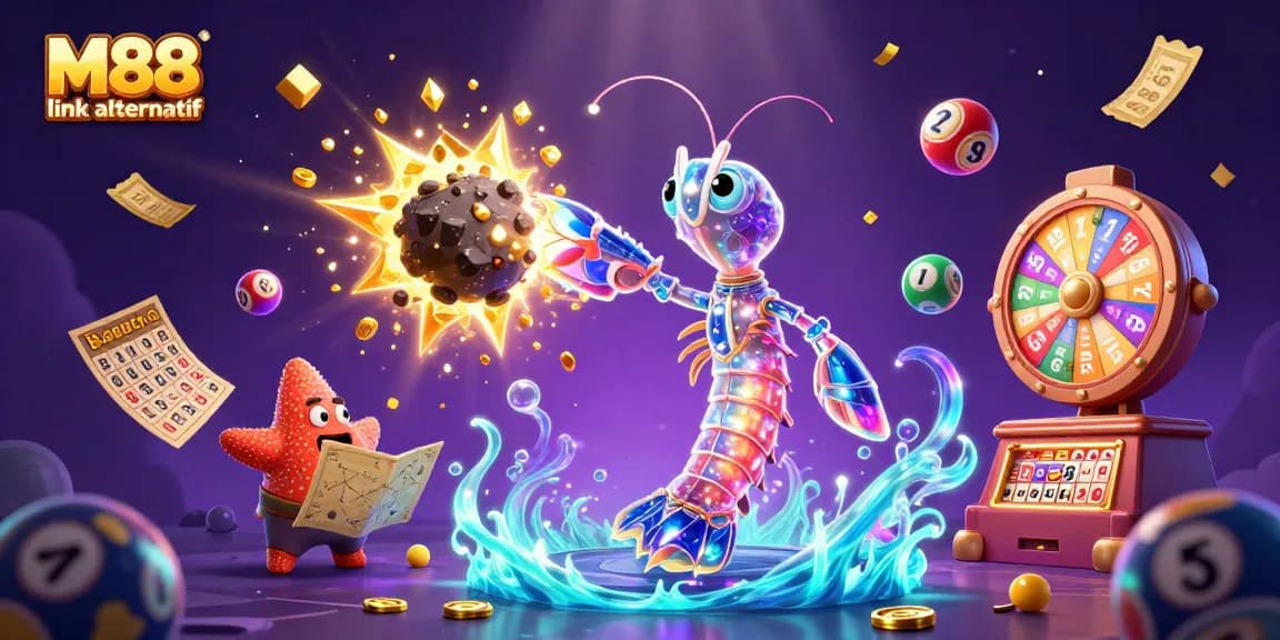 Experience M88 link alternatif in a vibrant 3D casino scene with colorful lottery elements and sparkling effects.