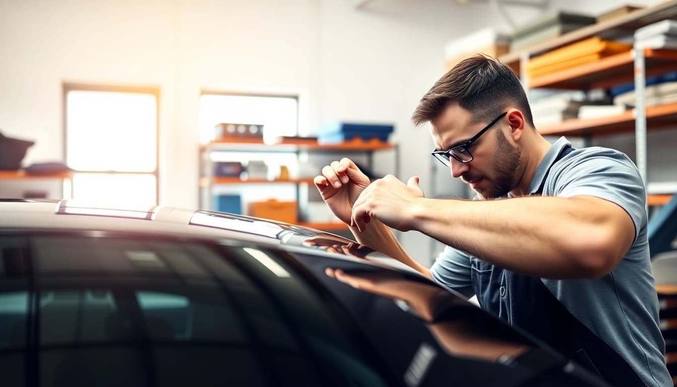 Applying the best window tint Chattanooga TN in a bright workshop setting.