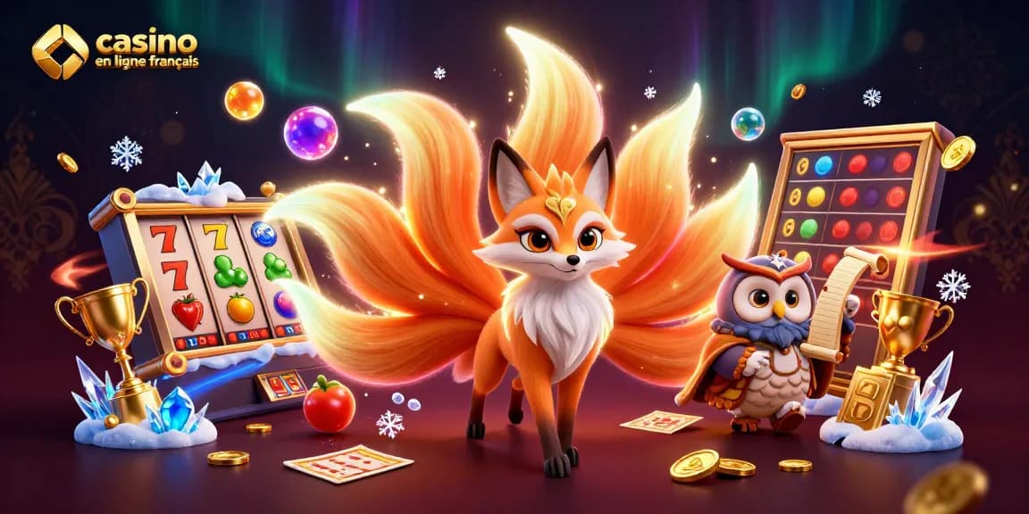 Vivez des jeux de machines à sous vibrants avec les casinos en ligne français, mettant en scène un renard mystique et un hibou dans une scène colorée.