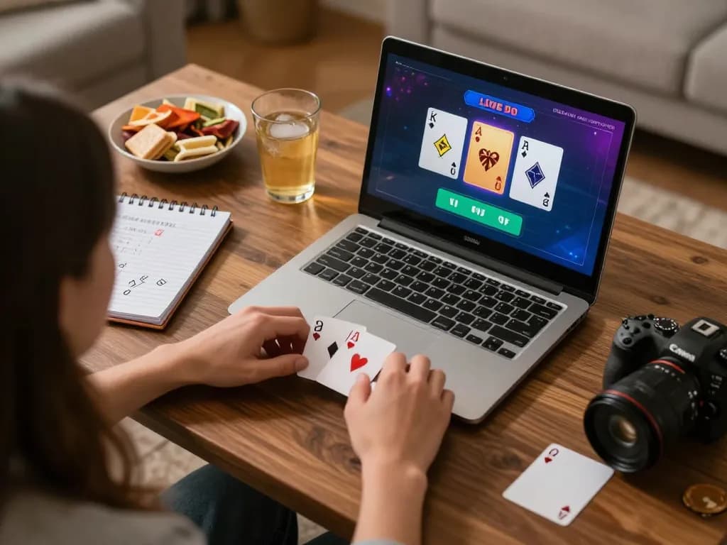 Player enjoying king33 live dealer blackjack game on laptop with strategic notes.