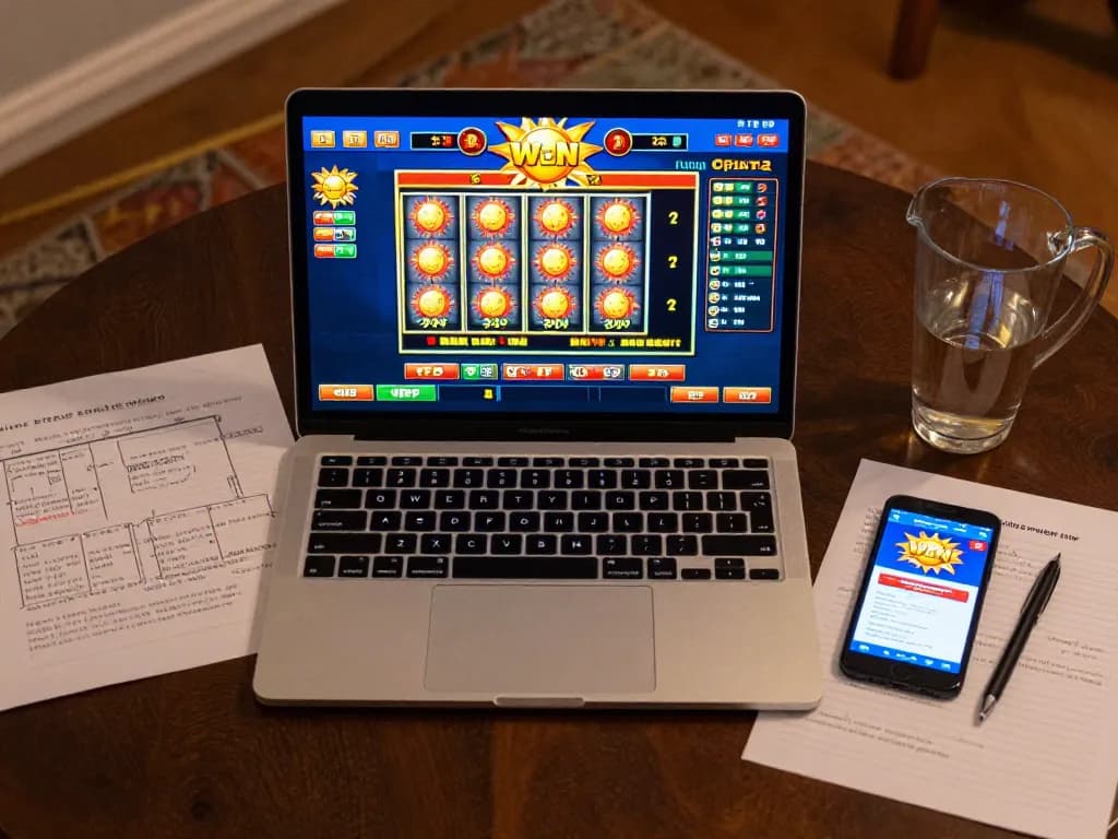 Engage in sun win online gaming with a laptop and smartphone showing vibrant casino action.