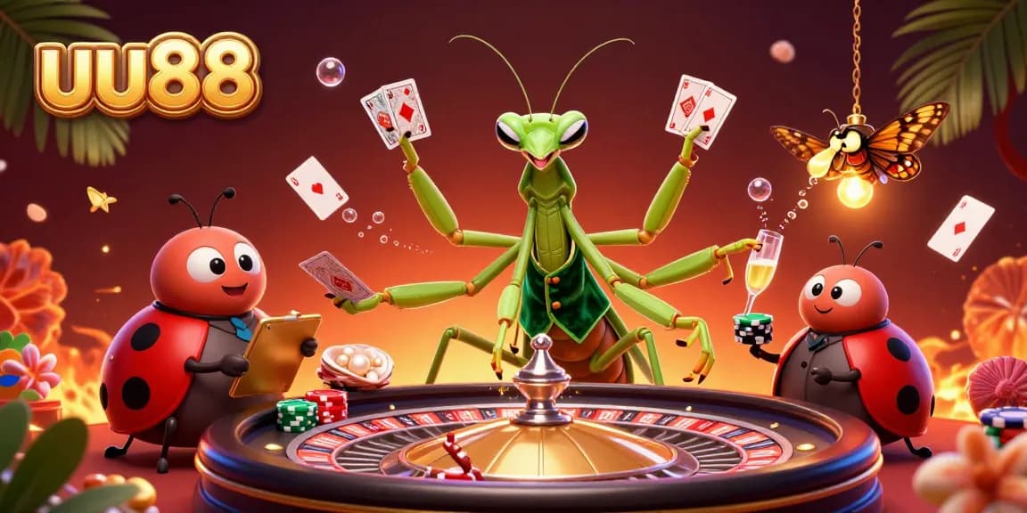 Exciting uu88 casino scene with a giant mantis dealing cards and a ladybug overseeing the action.