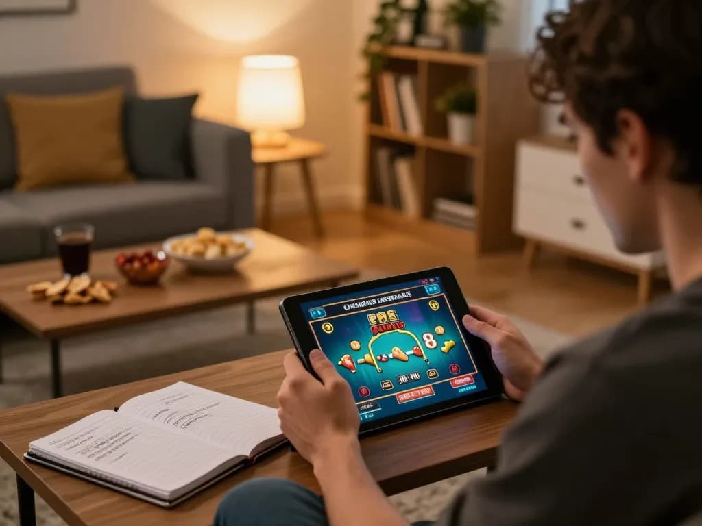 Player enjoying online casino games on a tablet, demonstrating strategic gameplay inspired by 90degreeswestband